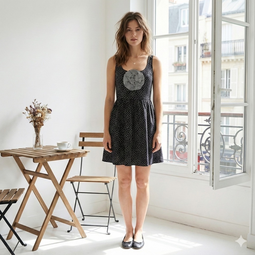 Black & white polka dot fit and flare dress with flower detail - size 4 (Small) - Picture 1 of 7